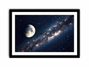 Minimal moon night sky wall art with soft stars and deep blue tones for calm modern luxury interiors