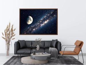 Minimal moon night sky wall art with soft stars and deep blue tones for calm modern luxury interiors