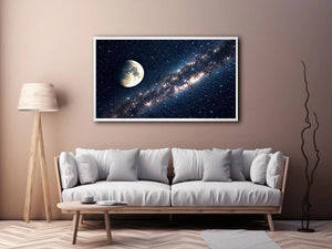 Minimal moon night sky wall art with soft stars and deep blue tones for calm modern luxury interiors