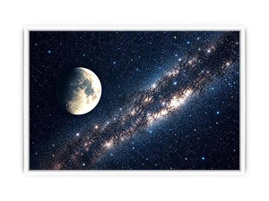 Minimal moon night sky wall art with soft stars and deep blue tones for calm modern luxury interiors