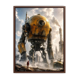 Futuristic robot mech wall art with industrial landscape and soft neutral tones for modern luxury interiors