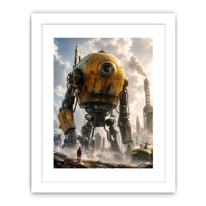 Futuristic robot mech wall art with industrial landscape and soft neutral tones for modern luxury interiors