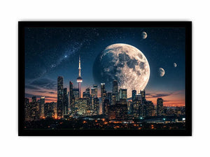 Modern city skyline wall art with large moon and starry night sky in blue and orange tones for luxury interiors