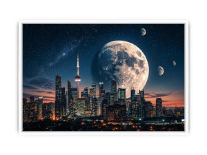 Modern city skyline wall art with large moon and starry night sky in blue and orange tones for luxury interiors