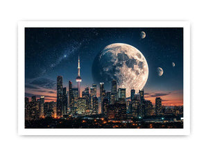 Modern city skyline wall art with large moon and starry night sky in blue and orange tones for luxury interiors