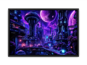 Futuristic neon cityscape wall art with glowing buildings and cosmic sky in purple and blue tones for modern interiors
