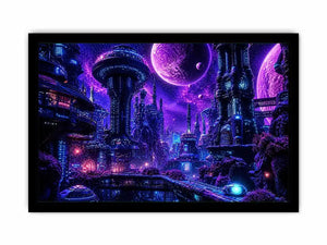 Futuristic neon cityscape wall art with glowing buildings and cosmic sky in purple and blue tones for modern interiors