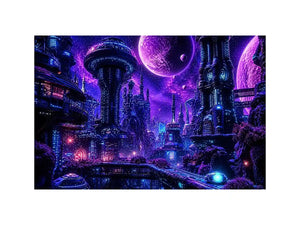 Futuristic neon cityscape wall art with glowing buildings and cosmic sky in purple and blue tones for modern interiors
