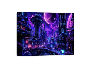 Futuristic neon cityscape wall art with glowing buildings and cosmic sky in purple and blue tones for modern interiors