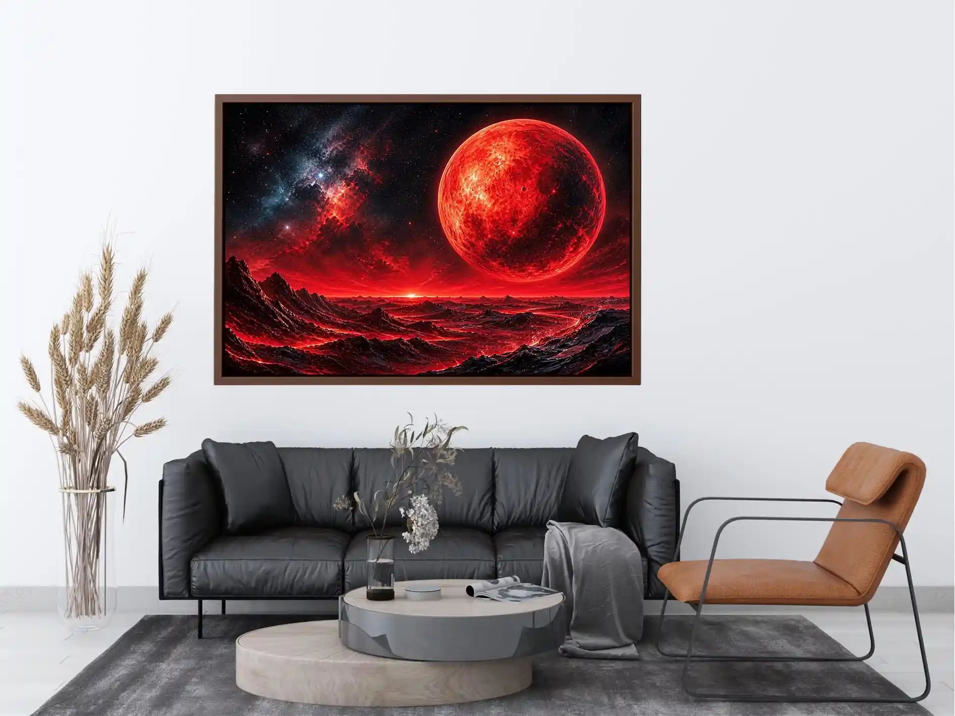 Abstract red planet landscape wall art with bold textures and dramatic cosmic tones for modern interiors