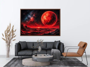 Abstract red planet landscape wall art with bold textures and dramatic cosmic tones for modern interiors