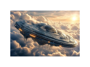 Futuristic spaceship wall art floating above clouds with soft neutral tones for modern luxury interiors