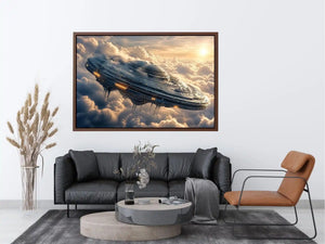 Futuristic spaceship wall art floating above clouds with soft neutral tones for modern luxury interiors