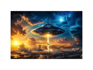 UFO spaceship wall art with glowing beam and cinematic sky in blue and orange tones for modern interiors