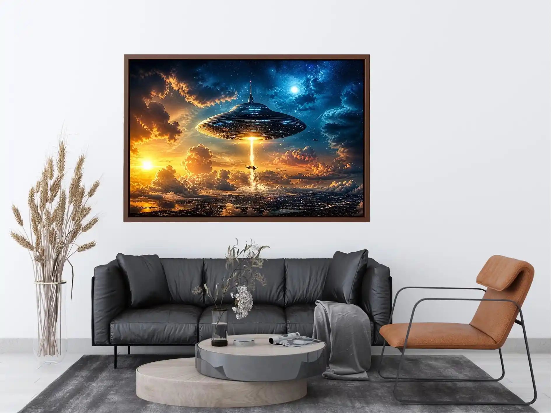 UFO spaceship wall art with glowing beam and cinematic sky in blue and orange tones for modern interiors