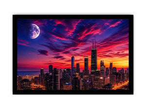 Chicago skyline wall art canvas sunset moon cityscape modern photography purple pink sky urban decor