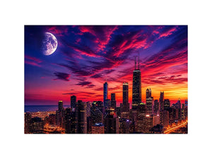 Chicago skyline wall art canvas sunset moon cityscape modern photography purple pink sky urban decor