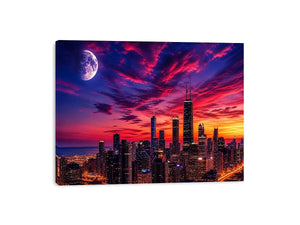 Chicago skyline wall art canvas sunset moon cityscape modern photography purple pink sky urban decor