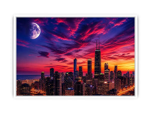 Chicago skyline wall art canvas sunset moon cityscape modern photography purple pink sky urban decor