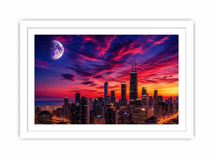 Chicago skyline wall art canvas sunset moon cityscape modern photography purple pink sky urban decor