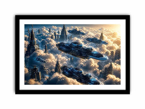 futuristic sky city wall art canvas sci fi flying ships clouds modern digital artwork blue grey decor