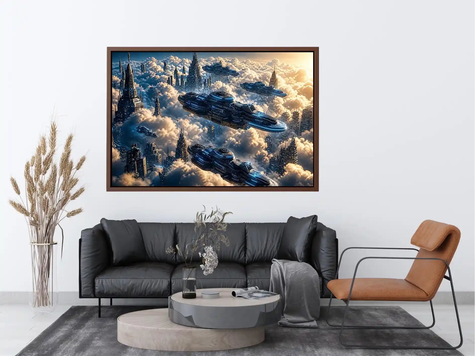 futuristic sky city wall art canvas sci fi flying ships clouds modern digital artwork blue grey decor