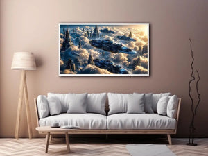 futuristic sky city wall art canvas sci fi flying ships clouds modern digital artwork blue grey decor