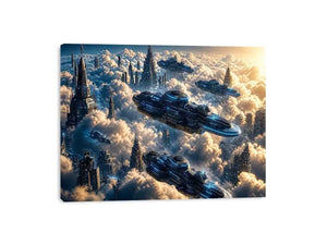 futuristic sky city wall art canvas sci fi flying ships clouds modern digital artwork blue grey decor