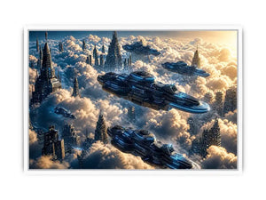 futuristic sky city wall art canvas sci fi flying ships clouds modern digital artwork blue grey decor
