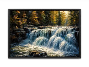 Soft flowing waterfall in a forest with rocks and gentle light in a painterly style