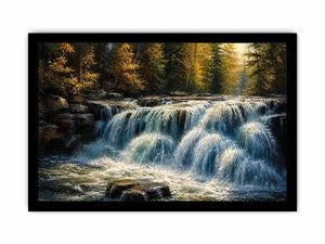Soft flowing waterfall in a forest with rocks and gentle light in a painterly style