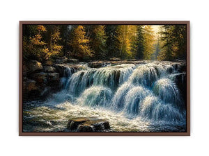 Soft flowing waterfall in a forest with rocks and gentle light in a painterly style