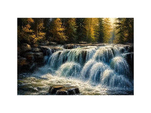 Soft flowing waterfall in a forest with rocks and gentle light in a painterly style