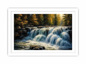 Soft flowing waterfall in a forest with rocks and gentle light in a painterly style