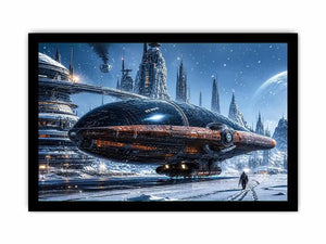 futuristic snow city wall art canvas sci fi spaceship winter skyline digital artwork blue grey decor