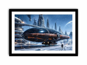 futuristic snow city wall art canvas sci fi spaceship winter skyline digital artwork blue grey decor