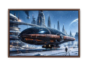 futuristic snow city wall art canvas sci fi spaceship winter skyline digital artwork blue grey decor