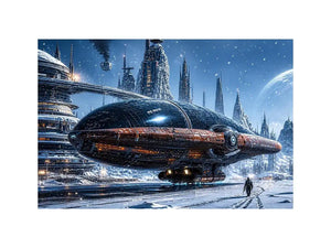 futuristic snow city wall art canvas sci fi spaceship winter skyline digital artwork blue grey decor