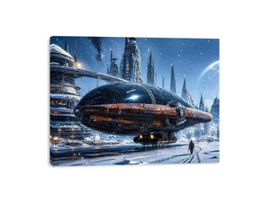 futuristic snow city wall art canvas sci fi spaceship winter skyline digital artwork blue grey decor