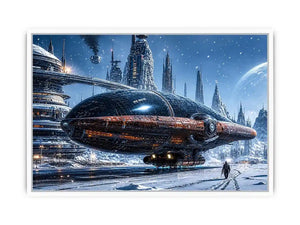 futuristic snow city wall art canvas sci fi spaceship winter skyline digital artwork blue grey decor