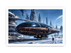 futuristic snow city wall art canvas sci fi spaceship winter skyline digital artwork blue grey decor