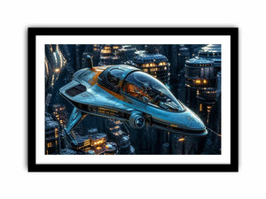futuristic spaceship wall art canvas sci fi vehicle city background modern digital artwork blue teal decor