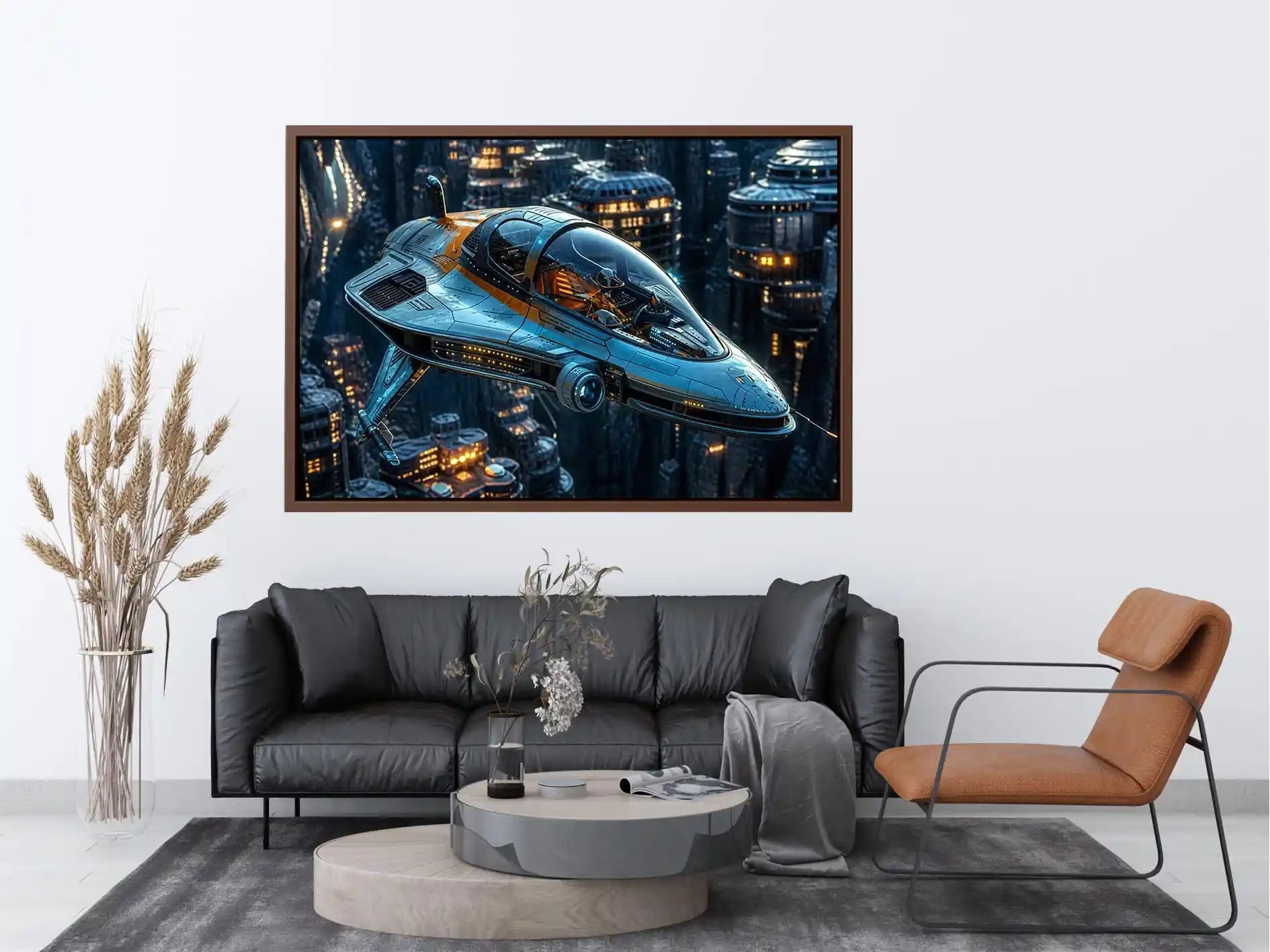 futuristic spaceship wall art canvas sci fi vehicle city background modern digital artwork blue teal decor