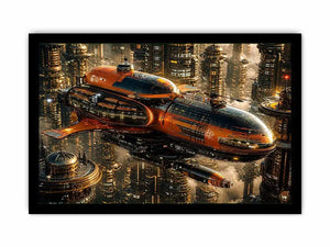 futuristic spaceship city wall art canvas sci fi orange black industrial skyline digital artwork modern decor