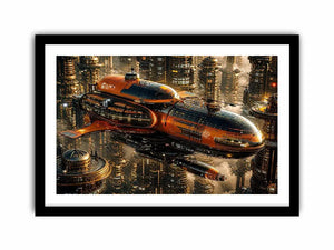 futuristic spaceship city wall art canvas sci fi orange black industrial skyline digital artwork modern decor