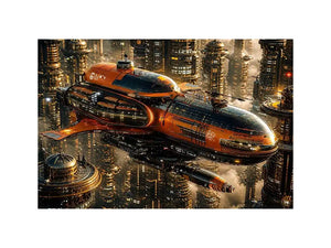 futuristic spaceship city wall art canvas sci fi orange black industrial skyline digital artwork modern decor