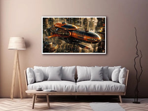 futuristic spaceship city wall art canvas sci fi orange black industrial skyline digital artwork modern decor