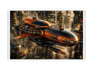 futuristic spaceship city wall art canvas sci fi orange black industrial skyline digital artwork modern decor