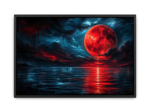 red moon abstract wall art canvas ocean reflection modern painting teal blue dramatic decor artwork