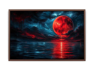 red moon abstract wall art canvas ocean reflection modern painting teal blue dramatic decor artwork